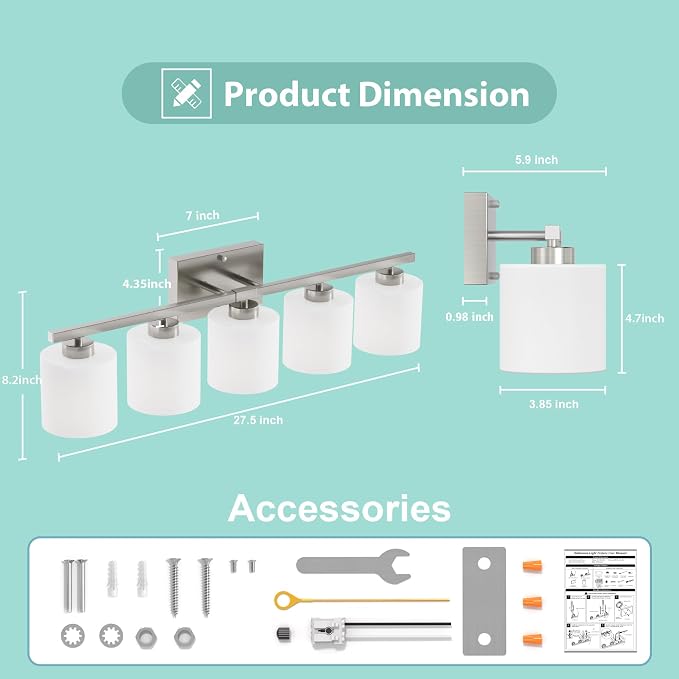 Honesorn 5-Light Bathroom Vanity Light, Anti-Rust Bathroom Light Fixtures | Bathroom Light Over Mirror, Milky White Frosted Shades, Brushed Nickel, E26 Socket(Bulbs Not Included)