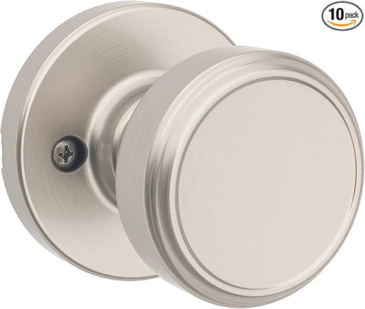 Kwikset Maven Dummy Door Knob, Single Sided Round Handle for Closets, French Double Doors, and Pantry, Satin Nickel Non-Turning Interior Push/Pull Door Knob, with Microban Protection (Pack of 10)