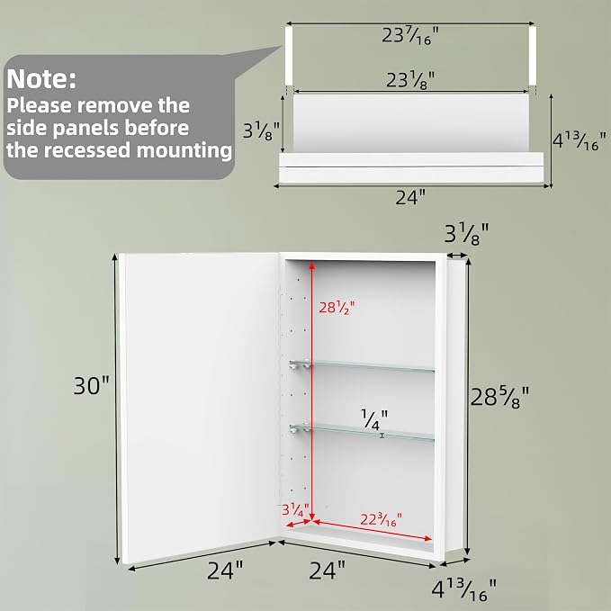 Buruis 24 x 30 Inch Framed Medicine Cabinet Mirror, Recessed/Wall Mounted | Fully Assembled, Fits 23-3/8 x 28-13/16 Inch Rough Opening, Adjustable Glass Shelves, Bathroom Storage Cabinet, White