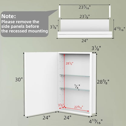 Buruis 24 x 30 Inch Framed Medicine Cabinet Mirror, Recessed/Wall Mounted | Fully Assembled, Fits 23-3/8 x 28-13/16 Inch Rough Opening, Adjustable Glass Shelves, Bathroom Storage Cabinet, White