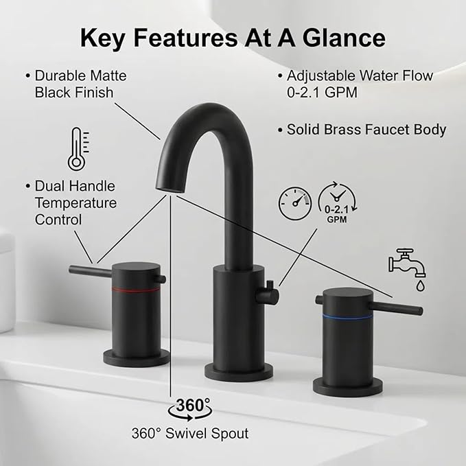 Bathroom Faucet 3 Hole Matte Black - Flow-Setting 8 Inch Widespread Bathroom Sink Faucet with 360° Swivel Spout for Small Vanity, with Overflow Pop Up Drain and cUPC Waterlines