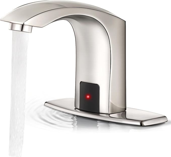 Automatic Touchless Bathroom Sink Faucet Sensor Motion Activated Commercial Faucets Hands Free Infrared Residential Elegant Basin Tap with Deck Plate Water Mixer Valve Control Box (Nickle)