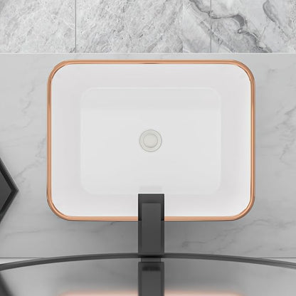 Bathroom Vessel Sink 19'' x 15'' White Rectangular Ceramic Sink with Gold Rim Above Counter Vanity Sink for Modern Bathroom