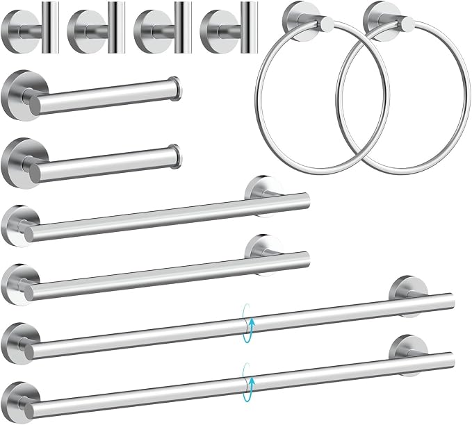 Wall-Mount Towel Bar Bathroom Hardware Accessory Set 12-Piece | Chrome,Stainless Steel,Wall Mount,Bathroom Hardware Set,Simple DIY installation,Stain-resistant and easy to maintain,Modern