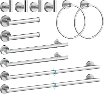 Wall-Mount Towel Bar Bathroom Hardware Accessory Set 12-Piece | Chrome,Stainless Steel,Wall Mount,Bathroom Hardware Set,Simple DIY installation,Stain-resistant and easy to maintain,Modern