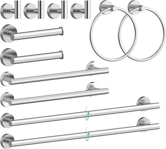 Wall-Mount Towel Bar Bathroom Hardware Accessory Set 12-Piece | Chrome,Stainless Steel,Wall Mount,Bathroom Hardware Set,Simple DIY installation,Stain-resistant and easy to maintain,Modern
