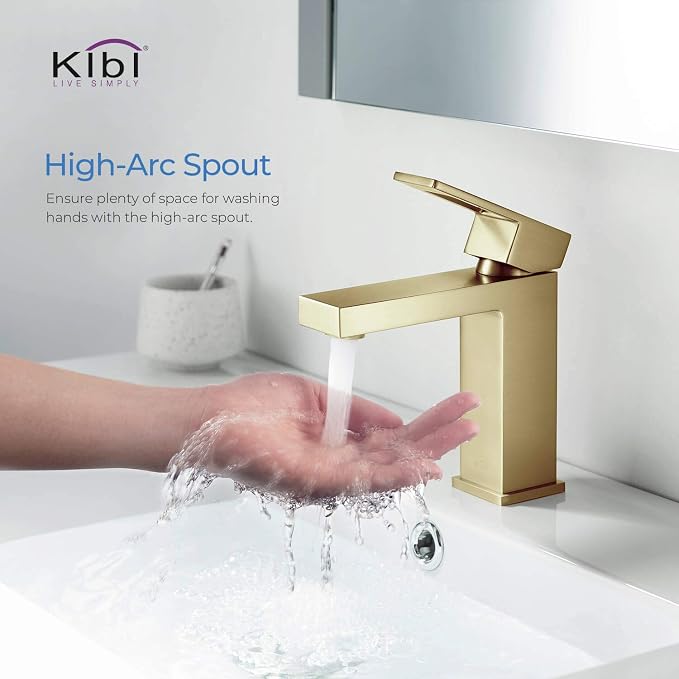 Solid Brass Single Handle Bathroom Sink Faucet with Pop-Up Drain, High Arc Cubic Spout Lavatory Faucet in Brushed Gold | Corrosion-Resistant, Modern Design (Brushed Gold, KBF1002)