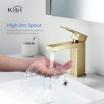 Solid Brass Single Handle Bathroom Sink Faucet with Pop-Up Drain, High Arc Cubic Spout Lavatory Faucet in Brushed Gold | Corrosion-Resistant, Modern Design (Brushed Gold, KBF1002)