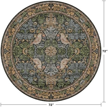 Washable Round Area Rugs 6ft for Living Room, Green Forest Soft Non-Slip Circle Rug with Rubber Backing, Vintage Large Boho Floral Bird Carpet for Bedroom, Kitchen, Nursery, Stain Resistant