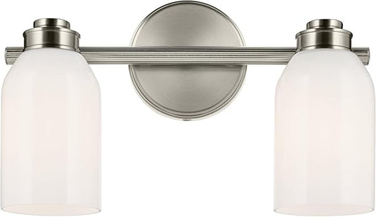 Kichler Shae 15" 2-Light Vanity Light with White Opal Glass in Brushed Nickel, for Bathroom Vanity, Powder Room, Over a Mirror, (15" W x 9" H), 55201NI