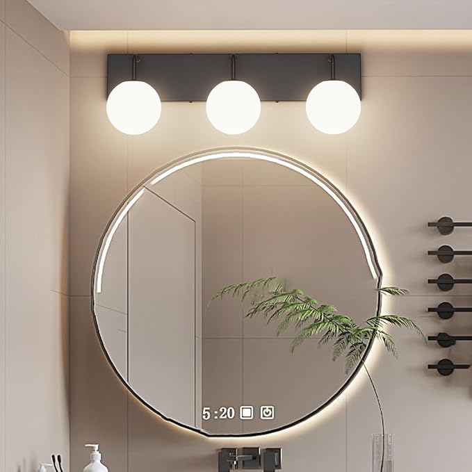 Tipace 3-Light Modern Black Bathroom Vanity Light Fixtures Over Mirror Mid Century Vanity Lights with Milk White Glass Globe Industrial Bath Lighting(Exclude Bulb)