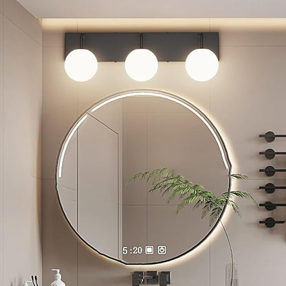 Tipace 3-Light Modern Black Bathroom Vanity Light Fixtures Over Mirror Mid Century Vanity Lights with Milk White Glass Globe Industrial Bath Lighting(Exclude Bulb)