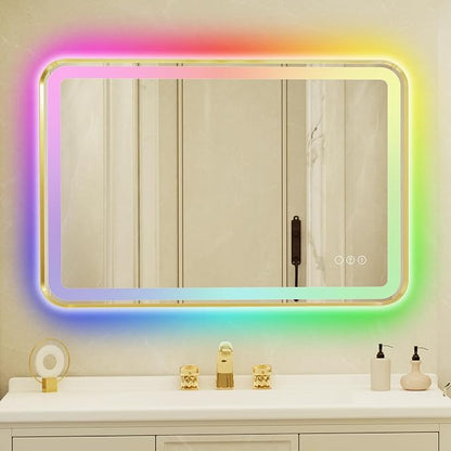 24x36 Inch Gold Framed LED Bathroom Mirror with Lights,Smart Bathroom Mirror,RGB,Anti-Fog,Stepless Dimmable & 3 Colors,Memory,Vanity Mirror for Wall