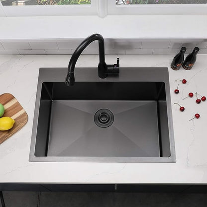 28 Inch Drop in Black Kitchen Sink, Gunmetal Black Top Mount Stainless Steel 9 Inch Deep Single Bowl Laundry Utility Wet Prep Sink