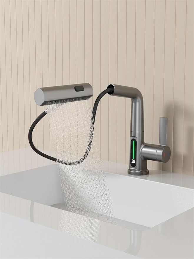 Bathroom One Hole Sink Basin Faucet with Waterfall Pull Down Sprayer,Vanity Single Handle 1 Hole RV Kitchen Pull Out Faucet with Rainfall Spray Head Temperature Digital Display Mixer Tap Grey