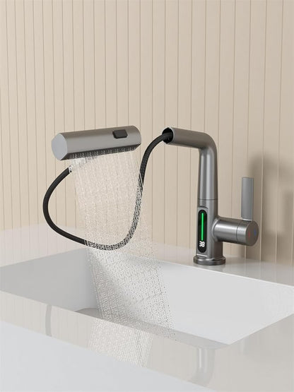 Bathroom One Hole Sink Basin Faucet with Waterfall Pull Down Sprayer,Vanity Single Handle 1 Hole RV Kitchen Pull Out Faucet with Rainfall Spray Head Temperature Digital Display Mixer Tap Grey