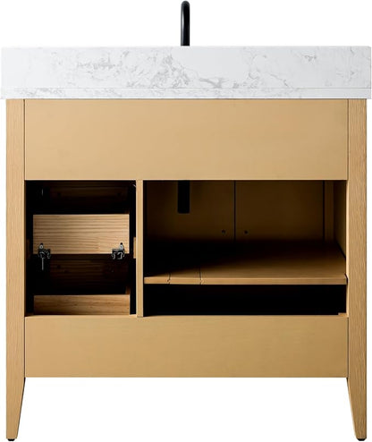 36 Inch Bathroom Vanity with Sink & Ceramic Top, Single Vanity Cabinet with Basin, Soft-Closing Doors & Matte Black Hardware, Natural Oak