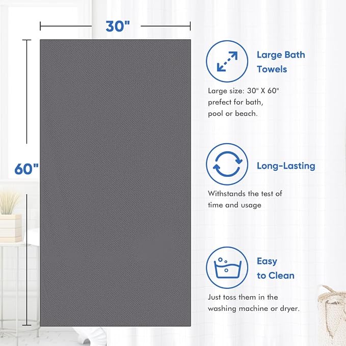 HOMEXCEL 4PK Bath Towel Set, 30x60 in, Absorbent Large Towels for Bathroom | Ultra Soft, Lightweight, Quick Dry Towels for Pool, Beach, Swim, Yoga, SPA, Grey