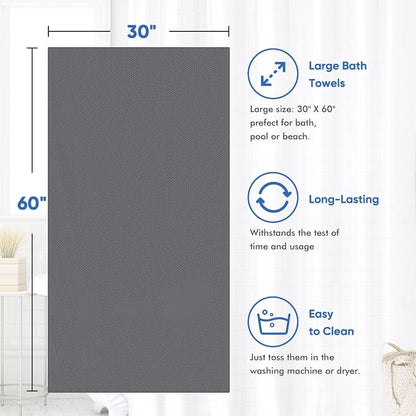 HOMEXCEL 4PK Bath Towel Set, 30x60 in, Absorbent Large Towels for Bathroom | Ultra Soft, Lightweight, Quick Dry Towels for Pool, Beach, Swim, Yoga, SPA, Grey