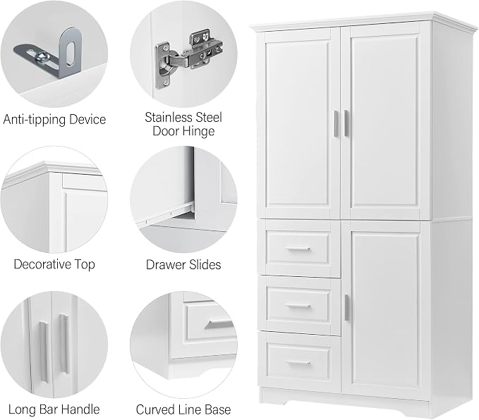 Merax 62.2" Pantry Cabinet with Three Doors & Three Drawers, Adjustable Shelves Storage Cupboard for Kitchen/Dining Room/Bathroom, White