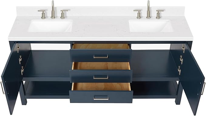 ARIEL Bayhill 72-inch Bathroom Vanity with Sink,Solid Wood, 1.5-inch Carrara White Quartz Countertop, Double Rectangular Porcelain Sink, 2 Soft Closing Doors, 3 Dovetail Drawers, Midnight Blue