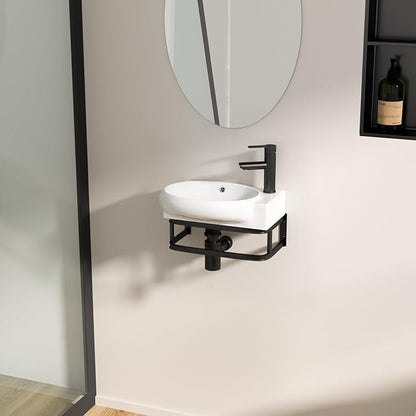 Logmey Wall Mount Bathroom Sink 16-1/2"x11" Floating Sink White Porcelain Ceramic Wall Hung Vessel Sink Wash Hand Basin with Bracket
