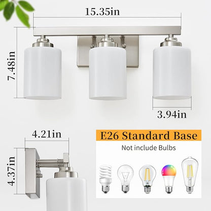 Bathroom Light Fixtures, Vanity Light Over Mirror Nickel 3-Light Fixture | Modern bathroom vanity light fixture with metal frame, ideal for mirrors, bedrooms and hallways. Fits E26 bulbs.