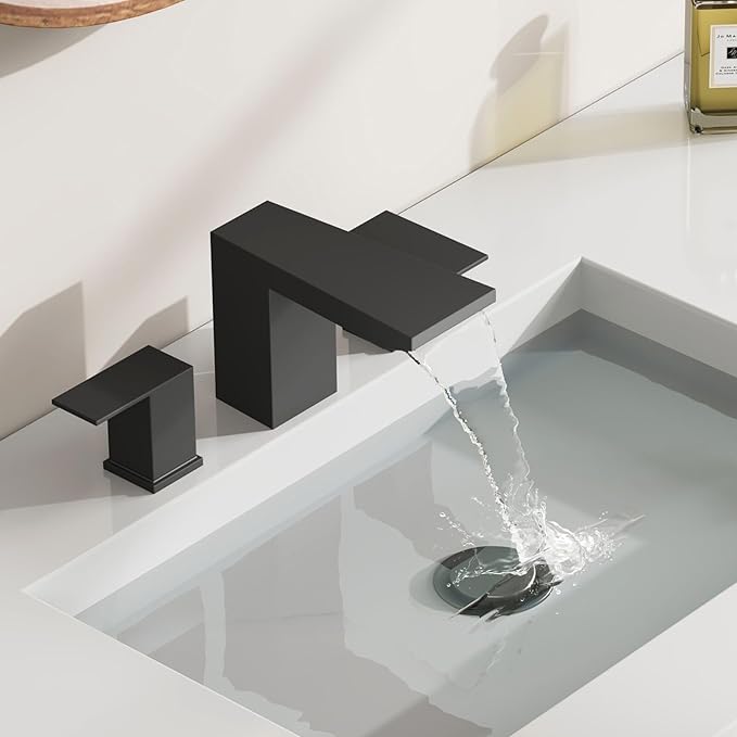 BESy Matte Black Bathroom Faucet 3 Holes Two Handles Vanity Widespread 8 Inch Bathroom Sink Faucet, Waterfall Bathroom Sink Faucet with cUPC Supply Hoses, Pop Up Drain, Stainless Steel