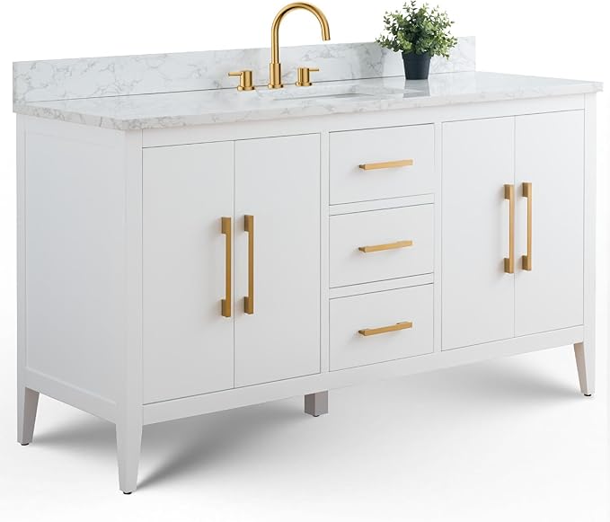 Vanity Art 60 inch Bathroom Vanity with Single Sink & Ceramic Top, Vanity Cabinet with Soft-Closing Doors, Drawers, Solid Wood Frame, White, VA9060-SW-GB1