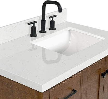 ARIEL Cambridge 36-inch Bathroom Vanity with Sink,Solid Wood, 1.5-inch Carrara White Quartz Countertop, Single Rectangular Porcelain Sink, 2 Soft Closing Doors, 5 Dovetail Drawers, Brown Oak