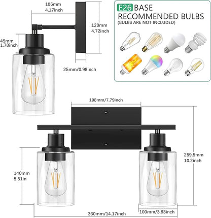 ShineTech 2-Light Bathroom Vanity Light Fixtures, Modern Wall Lighting with Clear Glass Shade, Matte Black Finished Wall Sconce Lighting for Mirror