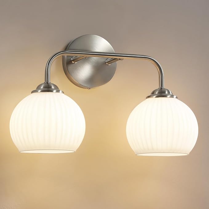 RUIYEY Bathroom Vanity Light Fixtures: 2-Lights Vanity Lighting Fixtures with Frosted Milky Glass Shades, Hardwired 15.9 in Brushed Nickel Vanity Lights Over Mirror (Exclude E26 Bulb)