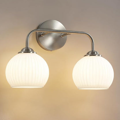 RUIYEY Bathroom Vanity Light Fixtures: 2-Lights Vanity Lighting Fixtures with Frosted Milky Glass Shades, Hardwired 15.9 in Brushed Nickel Vanity Lights Over Mirror (Exclude E26 Bulb)