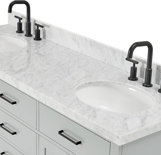 ARIEL Hepburn 66-inch Bathroom Vanity with Sink,Solid Wood, 1.5-inch Italian Carrara Marble Countertop & Backsplash, Double Oval Porcelain Sink, 4 Soft Closing Doors, 6 Dovetail Drawers, Grey