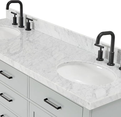 ARIEL Hepburn 66-inch Bathroom Vanity with Sink,Solid Wood, 1.5-inch Italian Carrara Marble Countertop & Backsplash, Double Oval Porcelain Sink, 4 Soft Closing Doors, 6 Dovetail Drawers, Grey