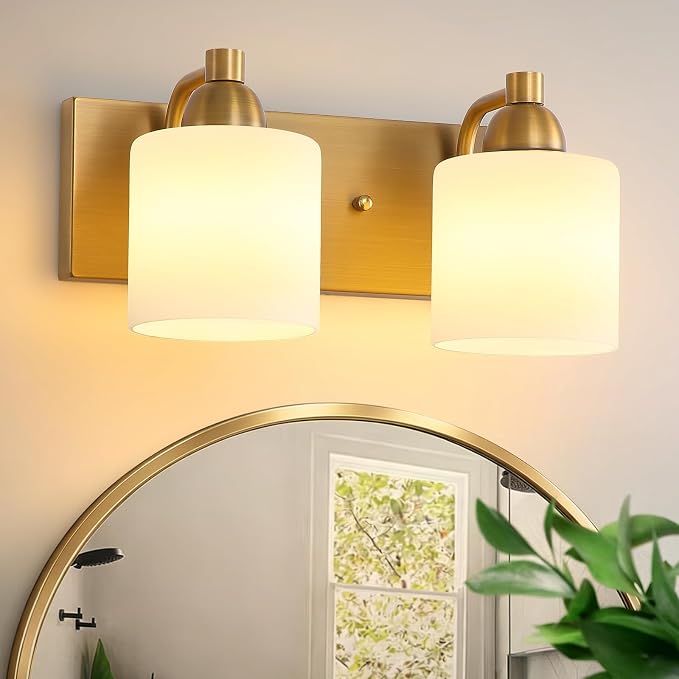 Mecgirn Stainless Steel Milk Glass Vanity Lights for Bathroom, 2 Light Brass Bathroom Light Fixtures Over Mirror, Ceramic E26 Sockets Wall Mounted