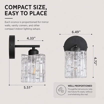 2-Pack 1-Light Modern Matte Black Crystal Wall Sconces, Hardwired Indoor Bathroom Vanity Light Fixtures, Crystal Over Mirror Lamps for Living Room, Bedroom, Hallway