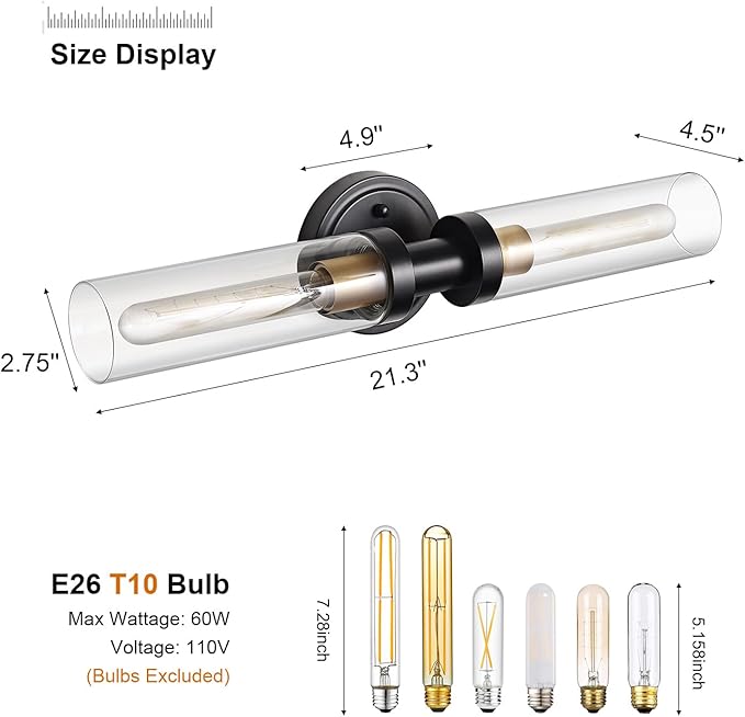 Bathroom Sconces Wall Lighting W/ Clear Glass, 2-Light Bathroom Vanity Light Fixtures, Modern Wall Lights for Mirror Living Room Hallway, Black and Gold Brushed Brass, E26 T10 Bulbs(Excluded)