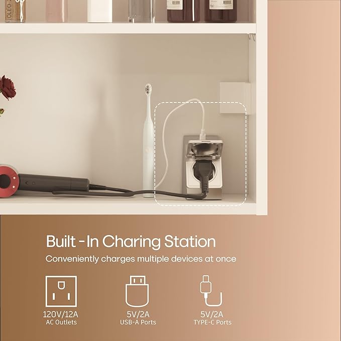 28x20 LED Lighted Bathroom Medicine Mirror Cabinet with Sockets & USBs, Anti-Fog Dimmable Light and Color Adjustment, Easy to Install, Moisture-Resistant Wood