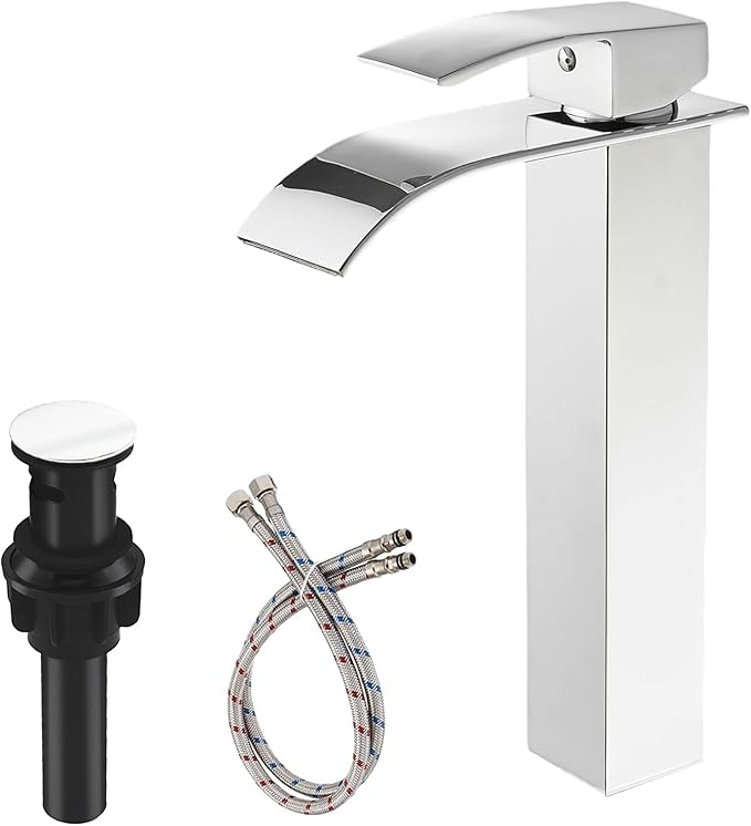 Chrome Bathroom Vessel Sink Faucet, Waterfall Type Spout Tall Body High 1 Hole Single Handle with Pop Up Drain Combo Parts Vanity Mixer Tap Commercial Basin Bowl Sink