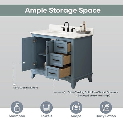 42 Inch Bathroom Vanity with Sink, Single Sink Bathroom Vanity with Adjustable Feet, Solid Wooden Frame Bathroom Sink Cabinet with Soft Closing Doors & Dovetail Drawers, Steel Blue