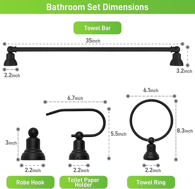 hykolity 3-Light Vanity Light Fixture, 5-Piece All-in-One Bathroom Set with Towel Bar, Ring, Robe Hook & Toilet Paper Holder for Bathroom Mirror Lighting, Oil Rubbed Bronze Wall Light with Glass Shade