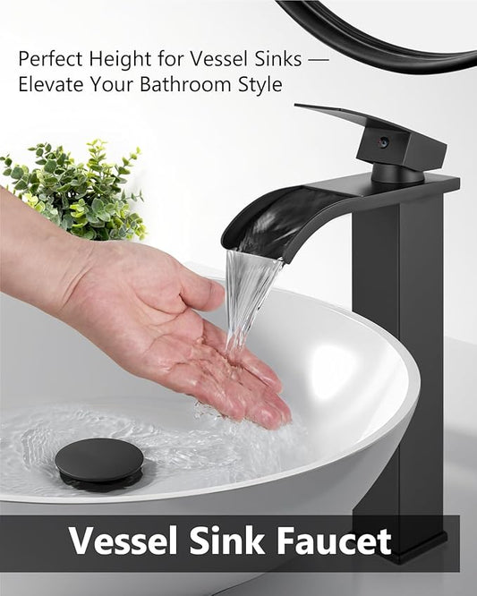 Vessel Sink Faucet Waterfall Tall Bathroom Faucet Single Handle,Single Hole Lavatory Vanity Mixer Tap with Pop Up Drain and Supply Lines,Matte Black