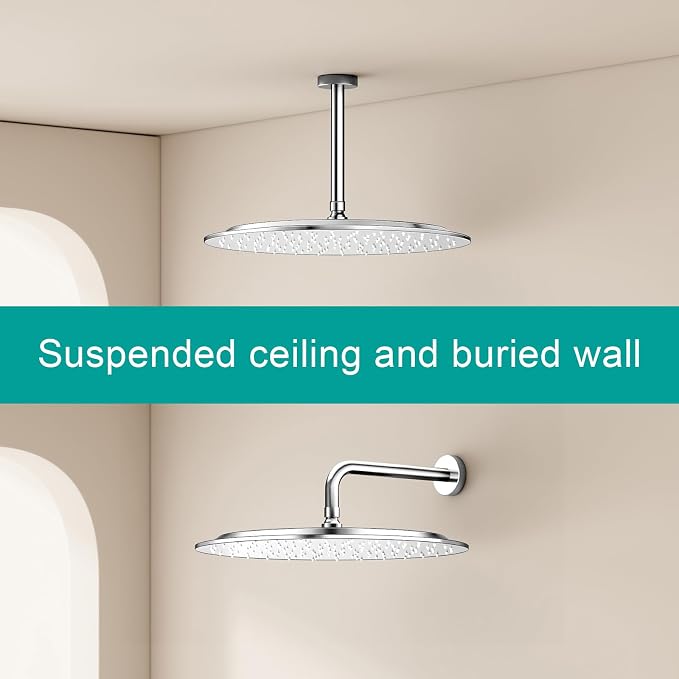 All Metal Rain Shower Head - Heavy Duty Stainless Steel, Easy Install, High Water Flow, Ultra-Thin Modern Design for Bathroom (Chrome, 16)