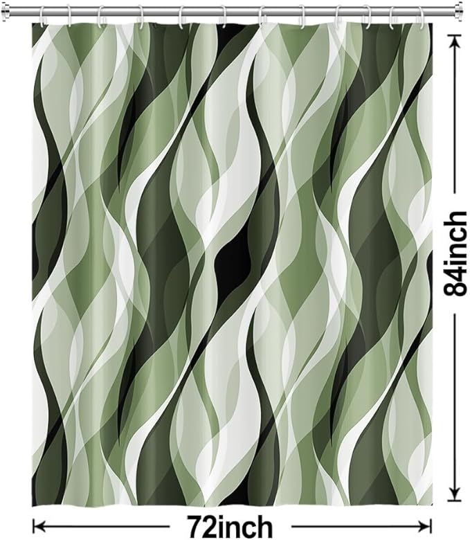 Sage Green Shower Curtain, Abstract Ombre Green and Grey Striped Shower Curtain Set for Bathroom Waterproof Polyester Shower Curtain with Hooks, 72x84 Inch