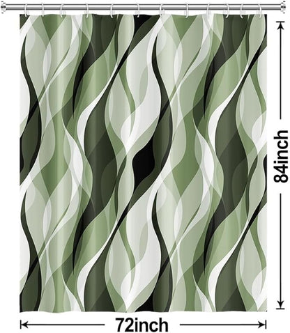Sage Green Shower Curtain, Abstract Ombre Green and Grey Striped Shower Curtain Set for Bathroom Waterproof Polyester Shower Curtain with Hooks, 72x84 Inch