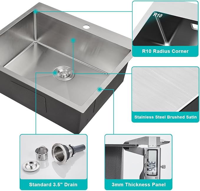 25x22 Inch Drop in Kitchen Sink 18 Gauge Stainless Steel Brushed | Single Bowl Single Hole Topmount Sink, 25"x22"x8.5" Large Basin for Family Kitchen, Bar and Prep Area