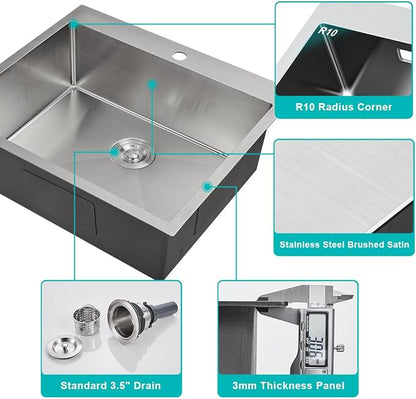 25x22 Inch Drop in Kitchen Sink 18 Gauge Stainless Steel Brushed | Single Bowl Single Hole Topmount Sink, 25"x22"x8.5" Large Basin for Family Kitchen, Bar and Prep Area