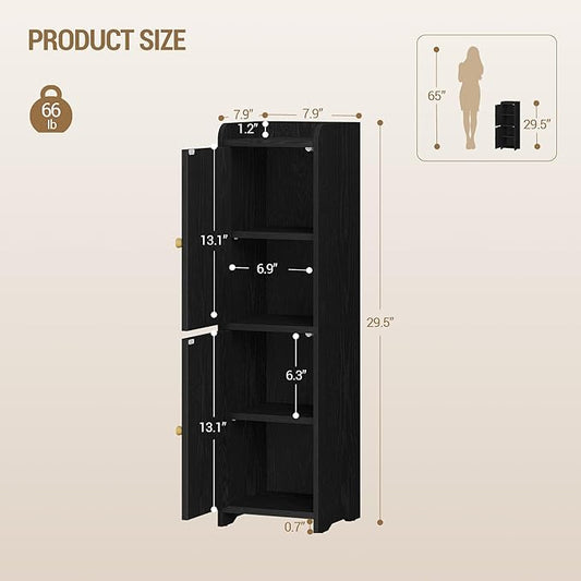 Bathroom Storage Cabinet, Small Corner Floor Cabinet with 2 Doors and Adjustable Shelf, Narrow Toilet Paper Cabinets, Bathroom Organizer for Small Spaces, 7.9"D x 7.9"W x 29.5"H Rattan Black
