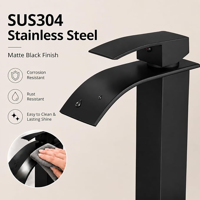 VOTON Vessel Sink Faucet Matte Black Modern Tall Waterfall Bathroom Sink Faucet with Pop-Up Drain Single Handle Bathroom Faucet 1 Hole Bowl Lavatory Vanity Faucet, Rv Sink Camper Farmhouse Faucet